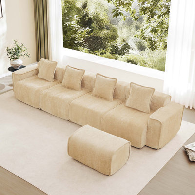 Canapé modulaire en L à 4 places avec passepoil à bordure française, sans assemblage requis, canapé à 4 places avec coussins décoratifs et 1 repose-pieds mobile, tissu de velours
