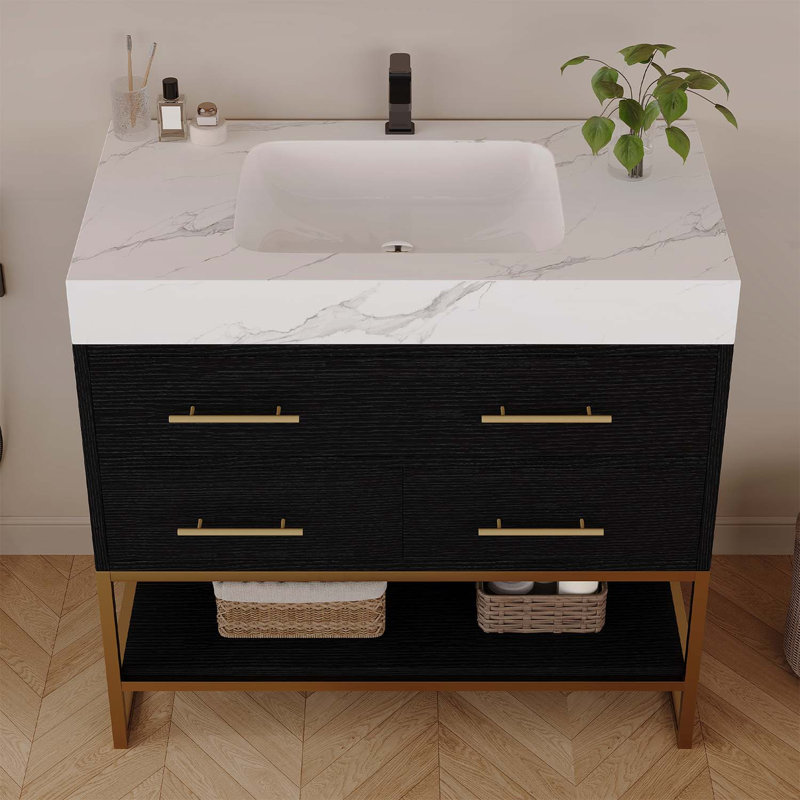 Meuble-lavabo de 36 pouces en pierre artificielle avec lavabo en céramique, tiroirs à fermeture en douceur, tablettes ouvertes et pieds en acier inoxydable pour les salles de bain modernes