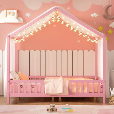 Montessori Floor Bed With Canopy, Full Bed Frame For Kids, House Shape Toddler Bed Frame With High Railings, Wood Kids Bed With Roof, Kid Full Bed, Pink