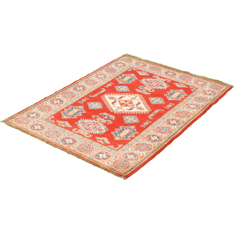 Tapis unique en laine noué à la main de style Gazni rouge / beige des années 2010 de 4 pi x 6 pi Qaiden