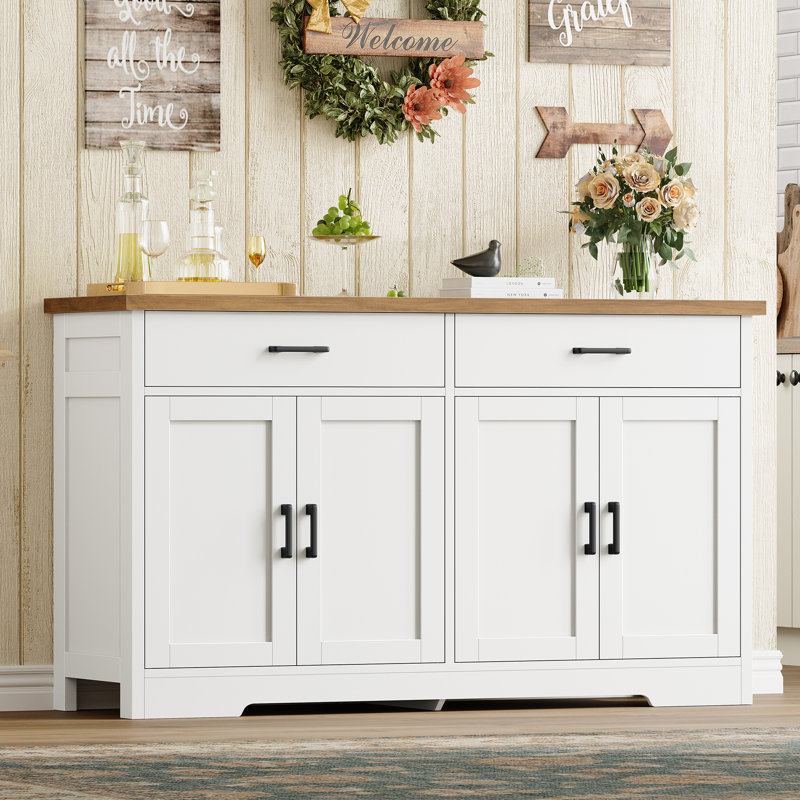 Buffet 47,24 "avec 2 tiroirs et 4 portes, buffet et armoire avec 2 tablettes réglables, café, bar à vin pour la cuisine, le salon, blanc