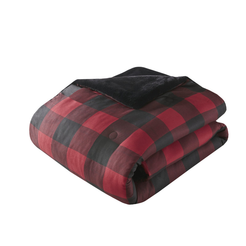 King Red Buffalo Check Faux Fur Comforter Set