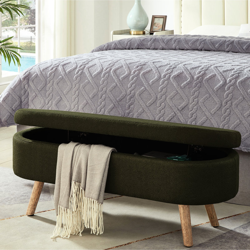 Oval Boucle Storage Bench In Dark With 350Lb Capacity, Wood Legs, For Living Room, Bedroom, Entryway, Boasting Aesthetic Design, Hidden Storage, Hinge, Build And Multi - Purpose Function Weight