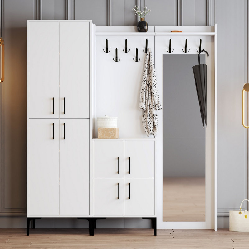 Modern Hall Stand with Coat Rack & Shelves, White, 70.9 x 78.7 x 13.8 inches | 100% Melamine Coated Particle Board, Metal Legs & Handles | Stylish Scandinavian Design, Wall-Mountable, Functional Storage Solution