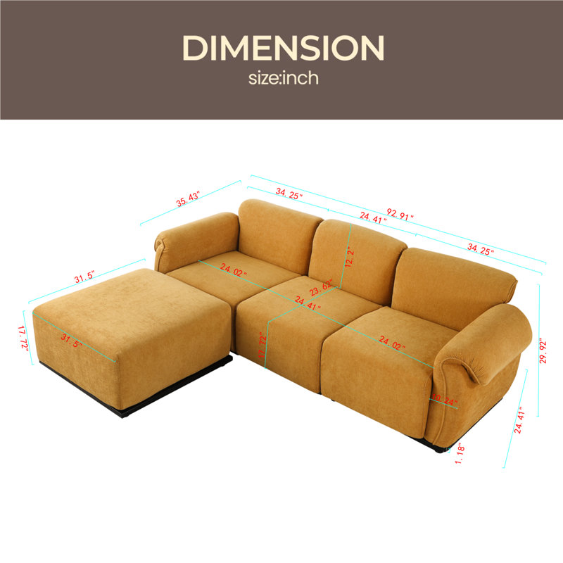Longueur de 93 po, canapé modulaire tendance, structure en fer, canapé en chenille, convient au salon, Chenille jaune