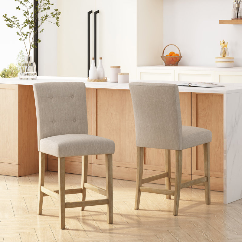  Ensemble de 2 tabourets de comptoir modernes avec dossier capitonné, siège rembourré rembourré, pieds en bois massif, design élégant pour îlot de cuisine, bar ou salle à manger, beige