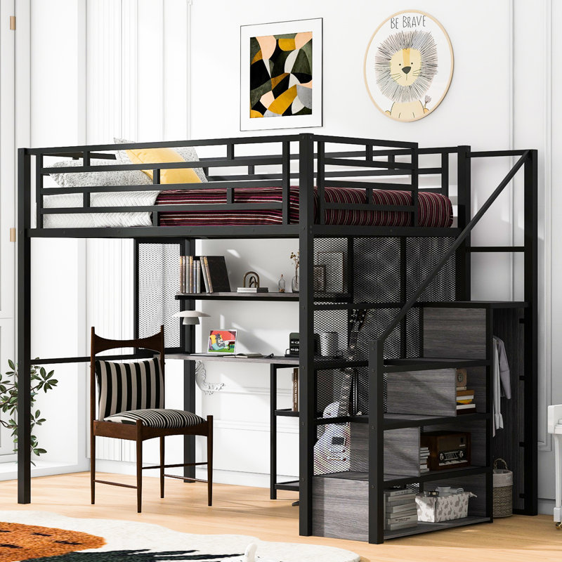 Lit mezzanine double en métal avec bureau moderne, garde-robe et tablettes de rangement - noir