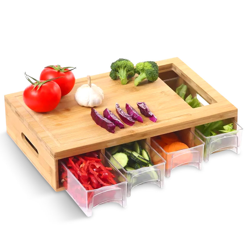 Bamboo Cutting Board with Clear Plastic Storage Trays
