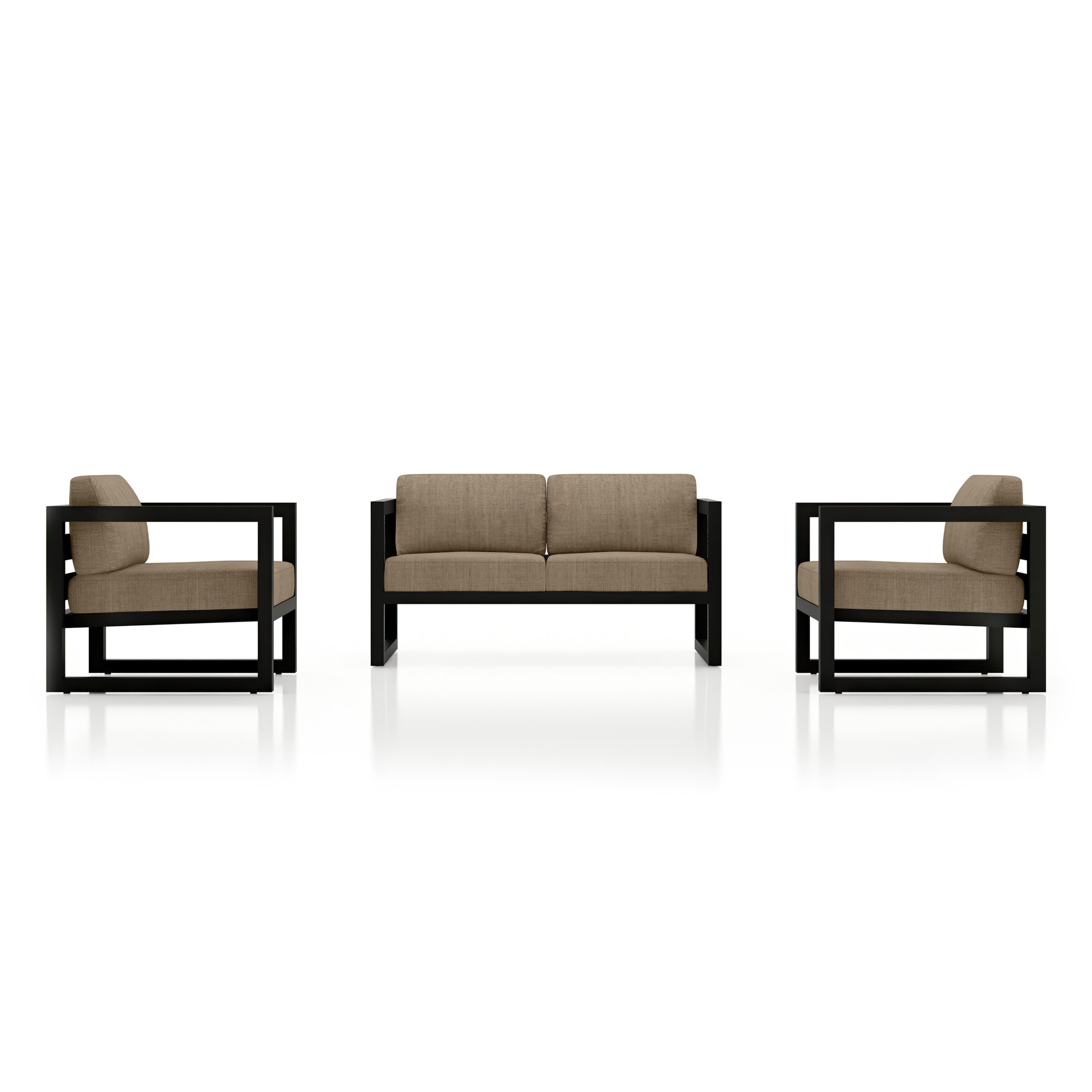 Smith 3 Piece Sofa Seating Group with Sunbrella Cushions, Black, Heather Beige