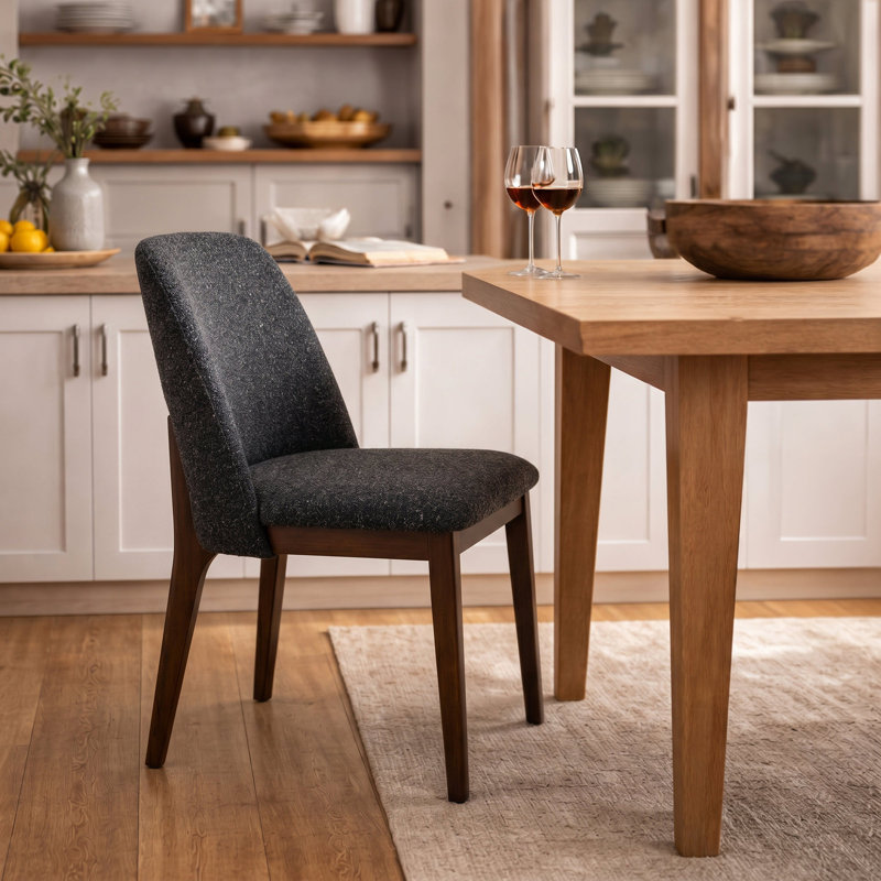 Modern Boucle Upholstered Dining Chair with Solid Oak Legs, Fully Assembled, Anthracite