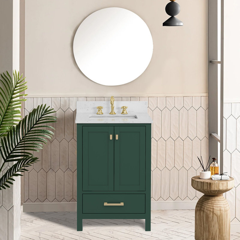 Meuble-lavabo de salle de bain, armoire de rangement en bois massif, Vert/doré, 24"