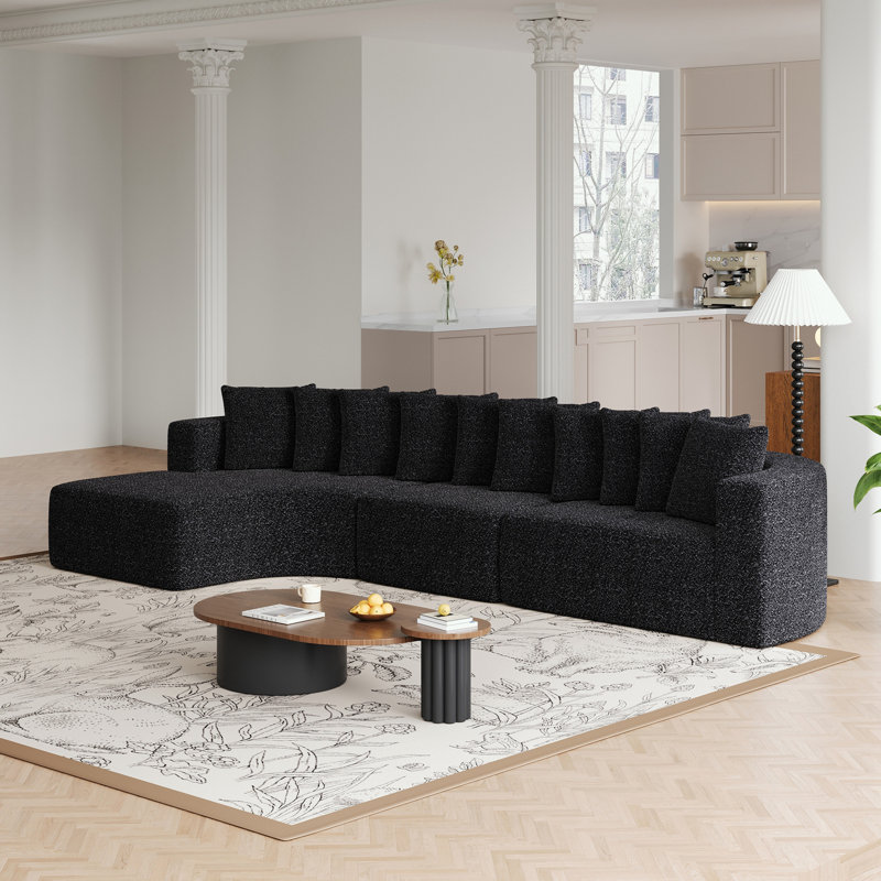 Chenille Sectional Sofa Set with 10 Pillows and Left Chaise, Left Hand Facing, Black Chenille