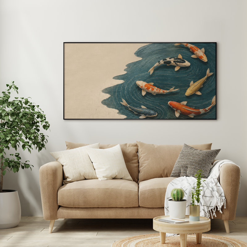 Très grande reproduction d'art sur toile - Poissons koi colorés nageant dans un étang tranquille pour le salon ou la chambre à coucher - «Assemblage requis du cadre (cadre non fini)»