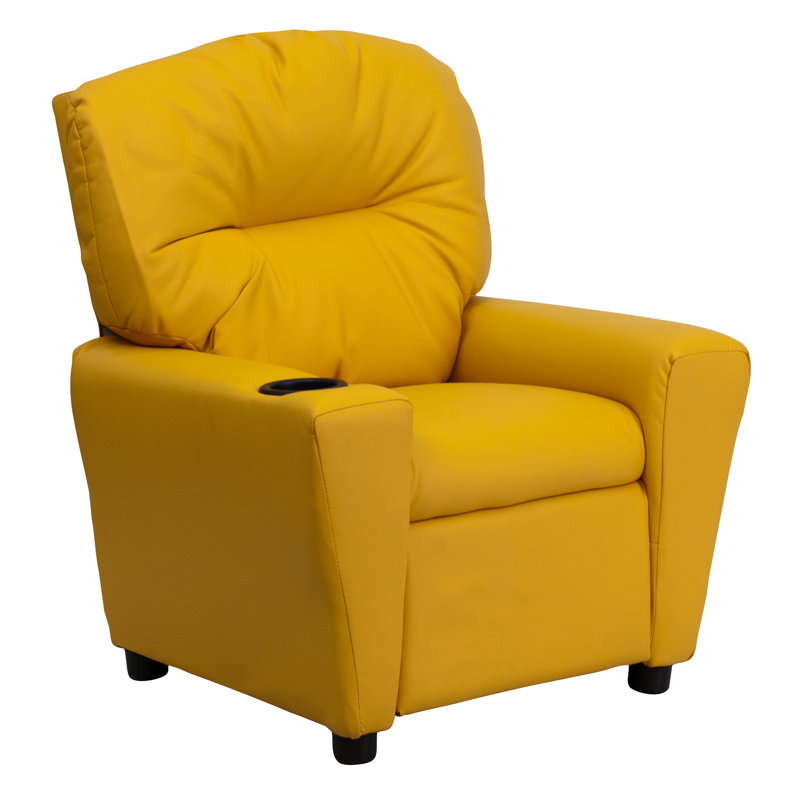 Contemporary Kids Recliner with Cup Holder, Vinyl - Yellow