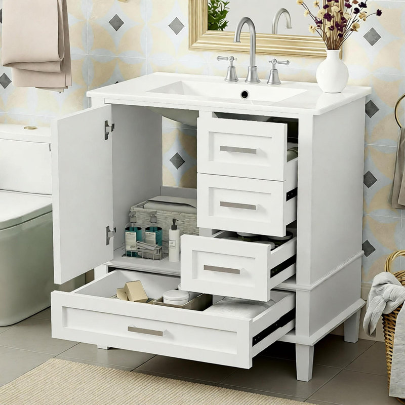 30" Modern Bathroom Cabinet with Sink Combo Set, Soft Closing Door and 3 Drawers, White/Gold