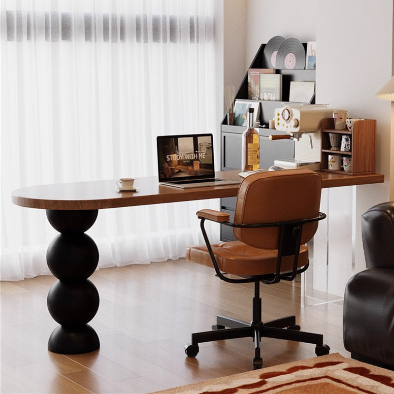 Bureau d'écriture brun en bois massif demi-cercle, H 29,53 po x l 62,99 po x P 23,62 po