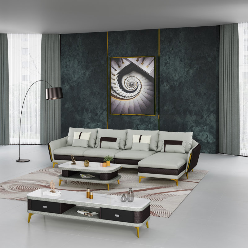 128'' Wide Genuine Leather Sofa & Chaise, Right Hand Facing