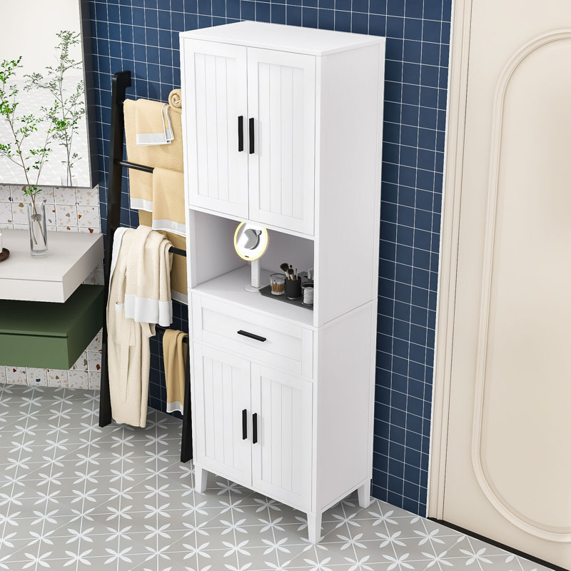 Armoire haute polyvalente avec tablette ouverte, tiroir et sécurité anti-basculement, Blanc