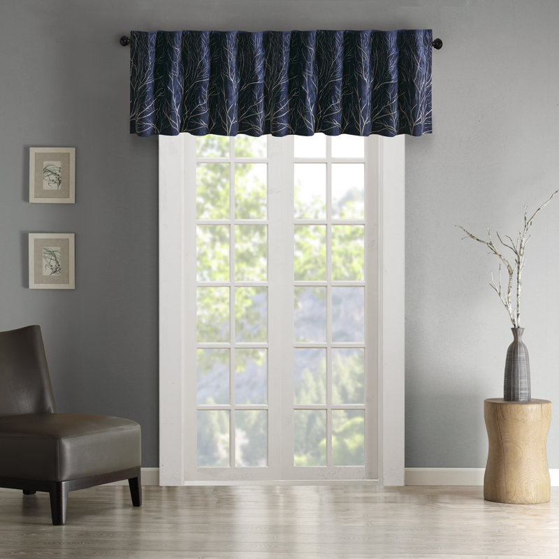 Navy Faux Silk Embroidered Sill Length Window Valance