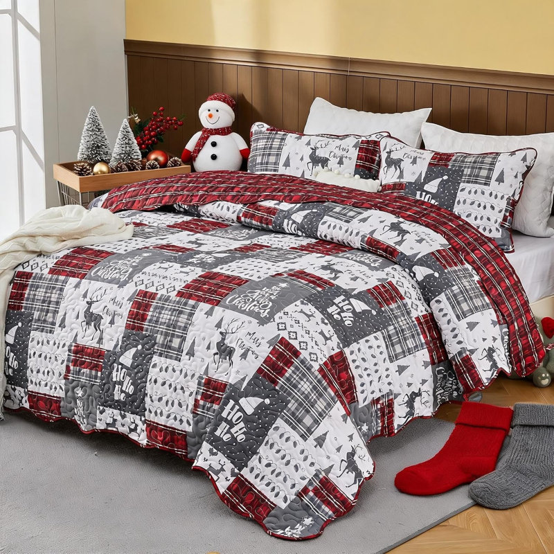 Ensemble de courtepointe de Noël King Size 3 pièces, couvre-lit en patchwork rouge et gris, 106 po x 96 po