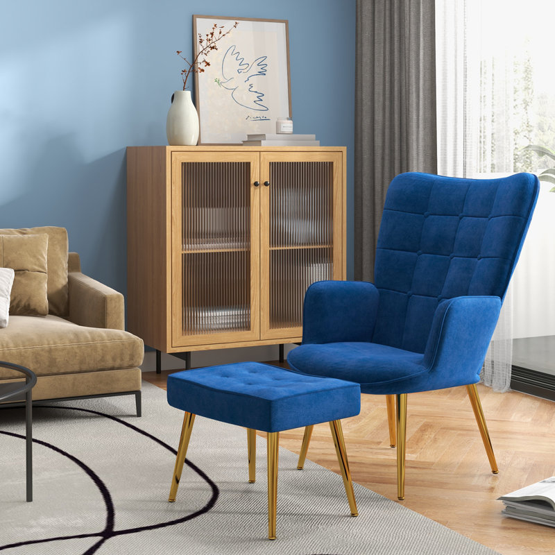 Angelamarie Velvet Armchair with Footstool, Dark Blue