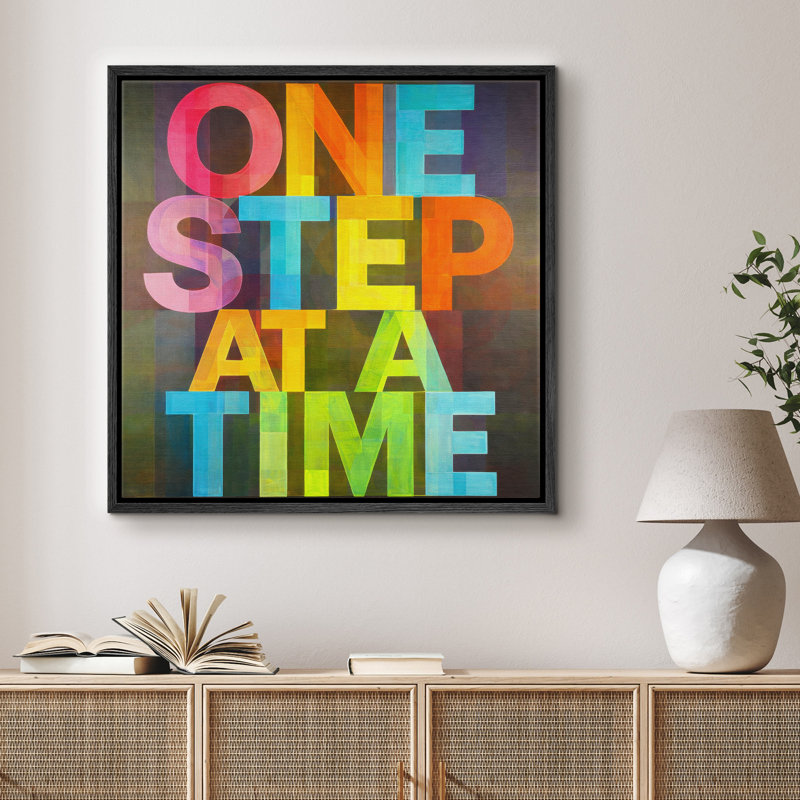 Œuvre d'art typographique colorée «One Step At A Time», citation positive moderne, impression sur toile encadrée