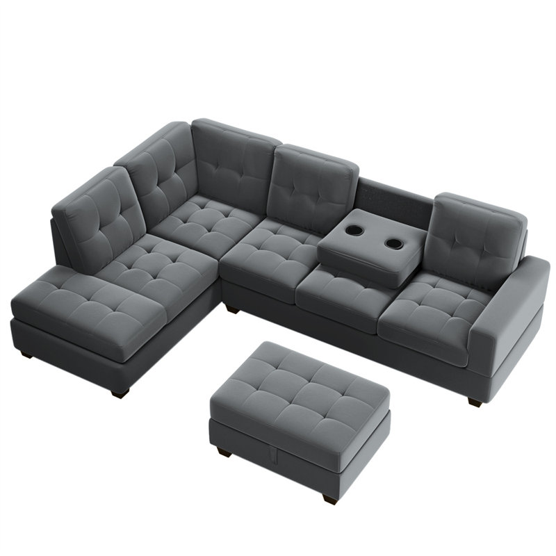 104" Wide Sectional Sofa with Reversible Chaise Lounge, L-Shaped Couch with Storage Ottoman and Cup Holders, Modern Sectional Sofa Couch