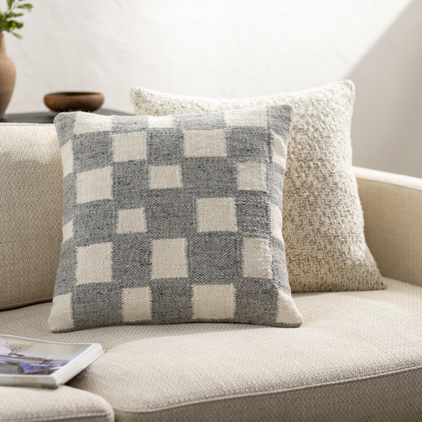 Leonida Geometric Cotton Throw Pillow, Gray/Off-White, Pillow Cover Only - No Insert, 22"H x 22"W