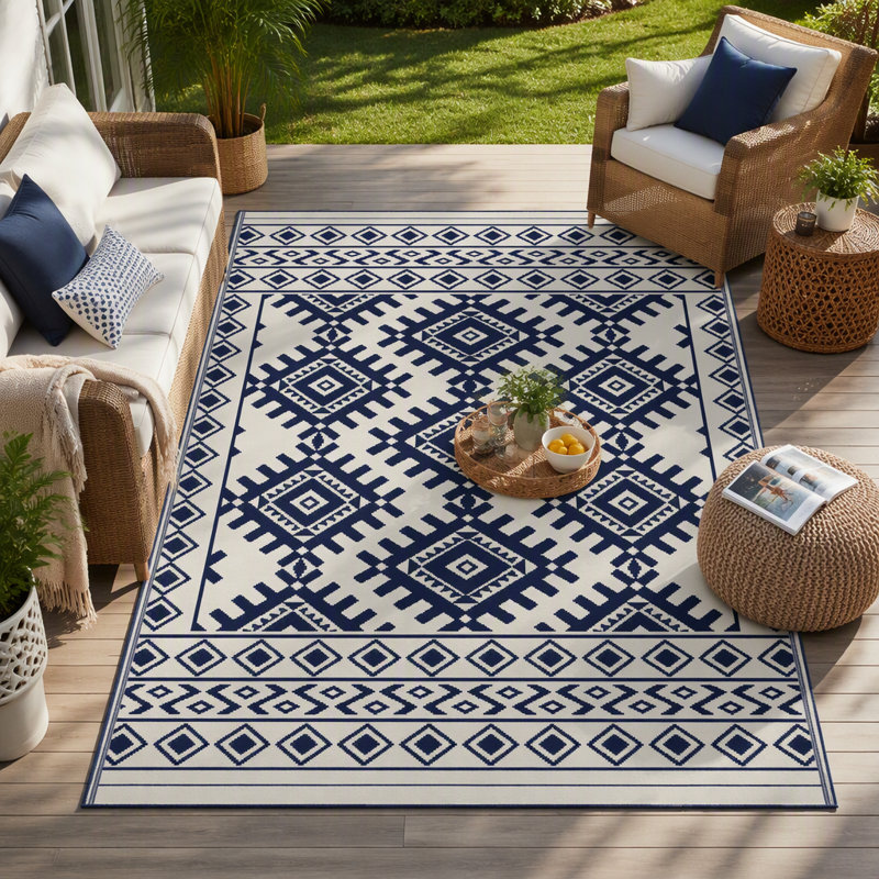 Tapis de patio extérieur Outsunny, grand tapis de camping réversible imperméable 9 pi x 12 pi avec sac de transport, bordure losange bleue
