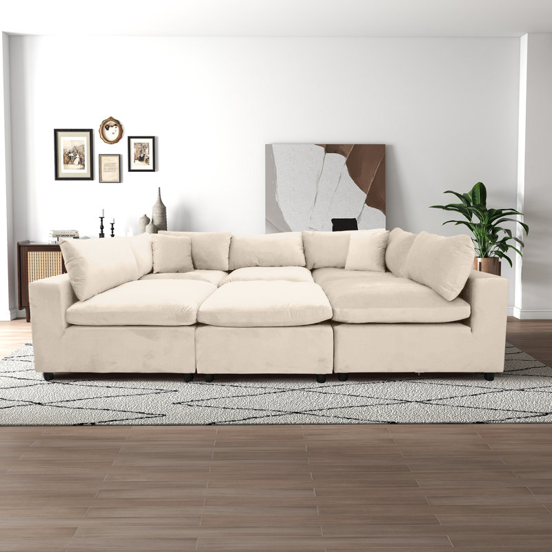 6-Piece Velvet Modular Sectional with Under-Seat Storage , Ivory Velvet