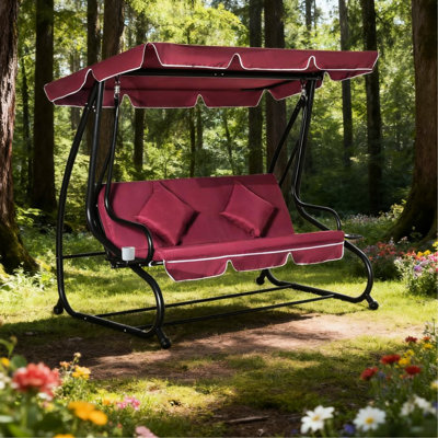 Balançoire rouge à 3 places avec auvent, coussin amovible et porte-gobelets, pour les espaces extérieurs dans le porche de la cour arrière, convertible en lit, structure en acier thermolaqué Capacité de 748 lb