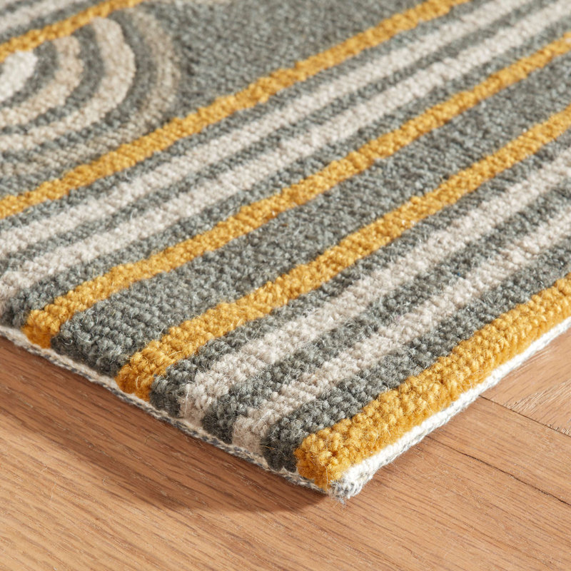 Tapis gris en laine à boutons crocheté à la main, Rectangulaire 2 pi x 3 pi
