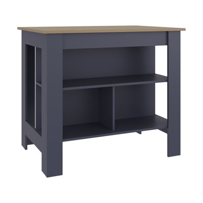 Îlot de cuisine moderne bleu marine avec trois tablettes, un plateau large pour le travail, une conception à quatre pieds, une excellente préparation de repas dans la salle à manger, un panneau de particules, des tablettes ouvertes de 76 lb et une tablette