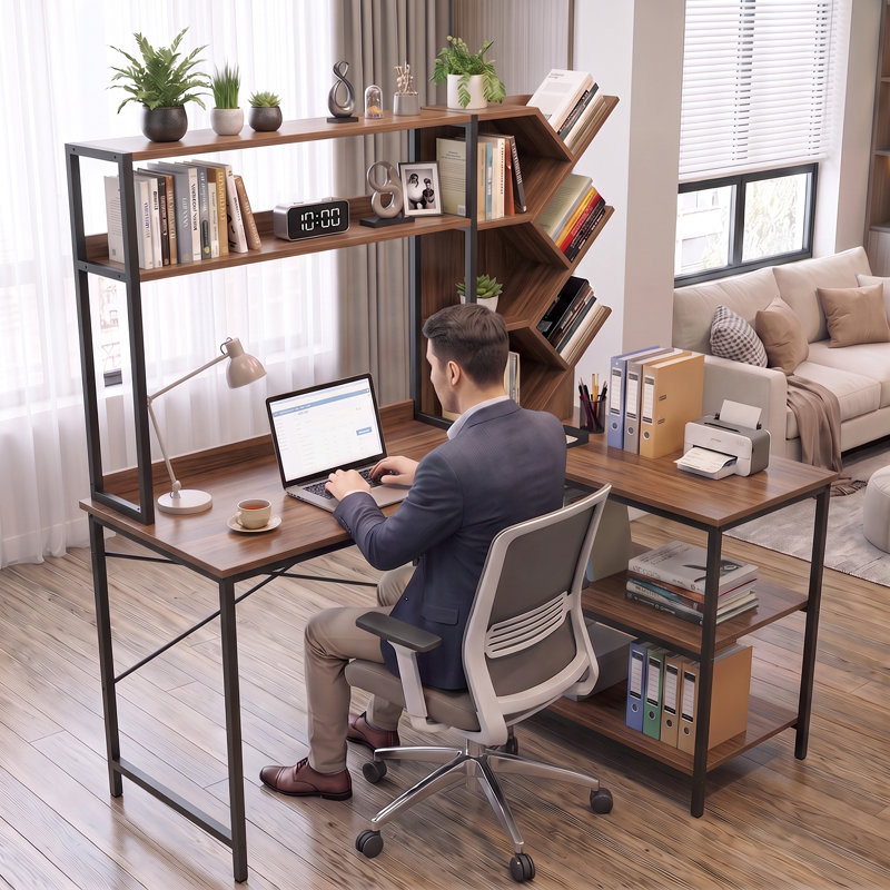 L-Shaped Computer Desk, Walnut brown