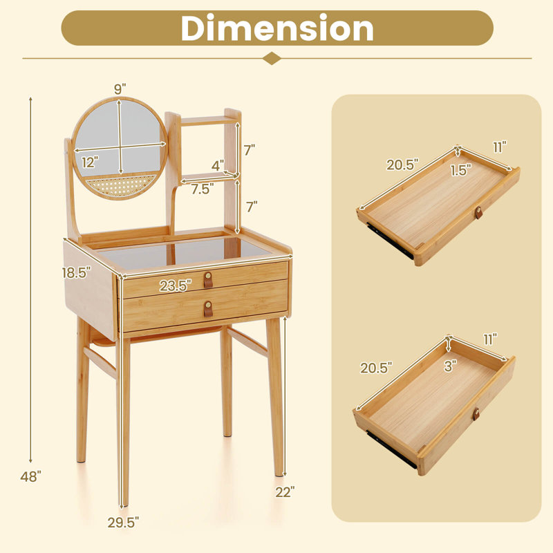 23.5" Compact Makeup Table Set with 2 Drawers Open Storage Shelves Vanity Stool