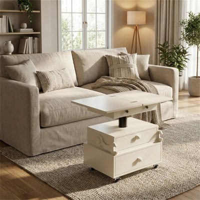 Multifunctional Height-Adjustable Table, High-Gloss Lacquer Finish With Wooden Frame, Featuring A Charging Station And Lockable Castors, Side Table With Drawers, Folding Table Top, Fun Robot-Inspired Design, Modern Minimalist Style, White