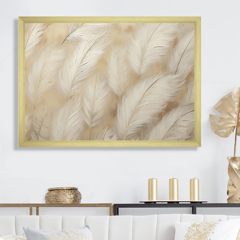 Plumes de plumes III sur toile, H 24 po x l 32 po x P 1 po, Cadre doré simple