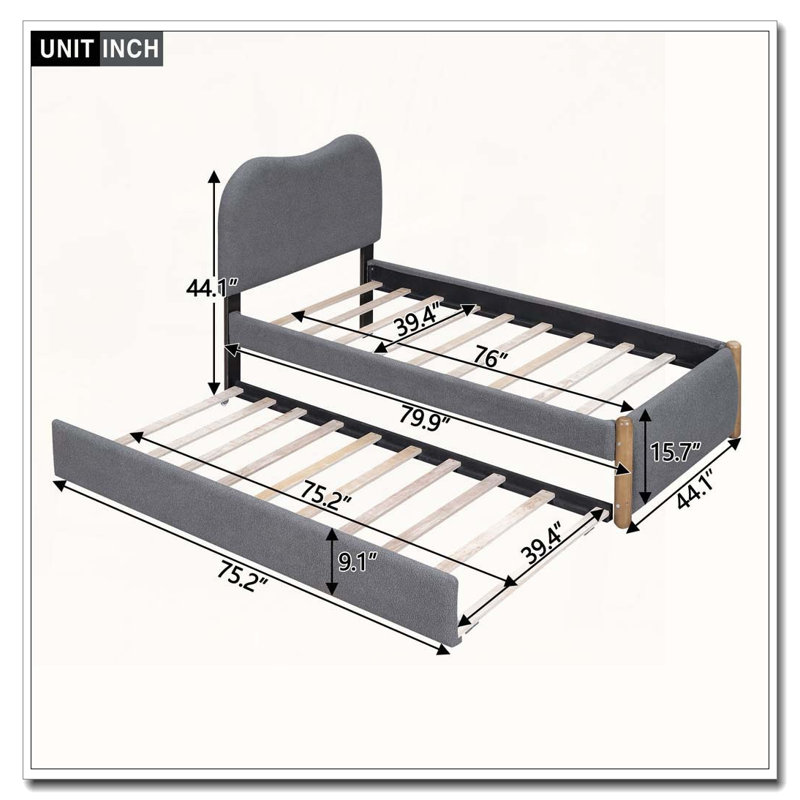 Lit plateforme tapissier Berber, Grey, Twin