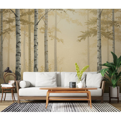 Art mural forêt dorée, art mural arbre doré dramatique, décor boisé doré Moody, peinture murale nature peinte de luxe