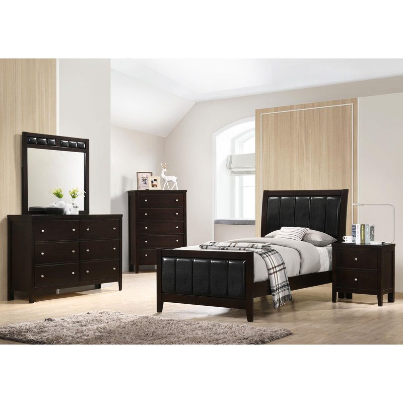 Ensemble de chambre à coucher Hather, Lit simple, Cappuccino / noir, 5 pièces: lit, table de chevet, commode, miroir, 