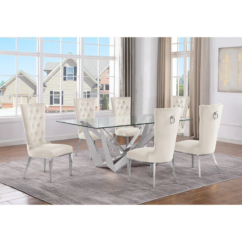 Lebanon Glass Top Trestle Dining Set, Cream/Silver, 7