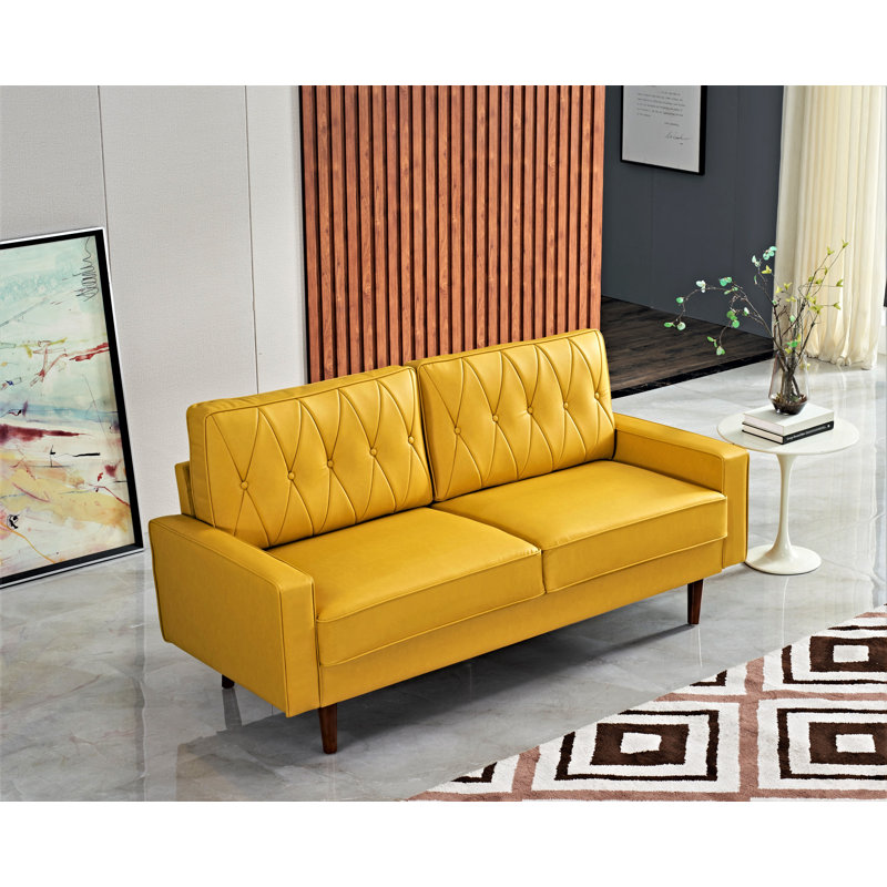 Faux Leather Square Arm Loveseat, Yellow Faux Leather, 33" H x 70" W x 31" D