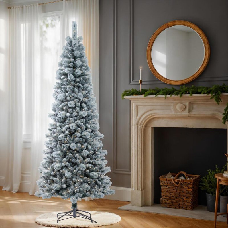 Vickerman 6' x 30" Flocked White Pine Artificial Slim Unlit Christmas Tree with 554 Realistic Flocked PE/PVC Tips and Folding Metal Tree Stand