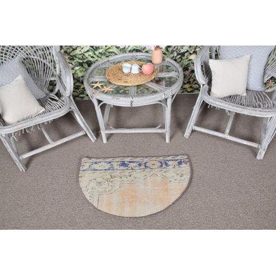 Handcrafted Beige and Blue Half Circle Door Mat for Vintage-Inspired Rustic Home Decor