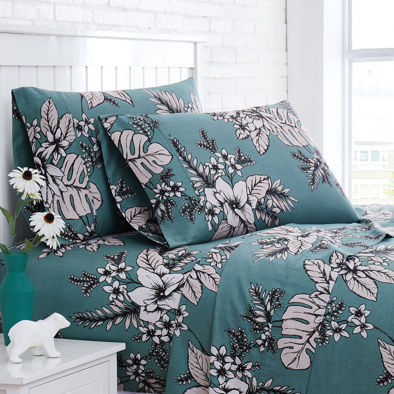 Southshore Fine Linens Flora King 300 Thread Count Cotton Sateen Floral Extra Deep Pocket 4-Piece Sheet Set, 22-Inch Fitted Sheet, Flora Green