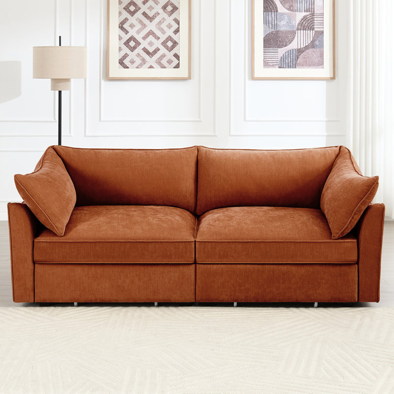 Chenille orange 2 places avec rangement caché dans le repose-pieds et le siège, conception douce enveloppante en croissant faite de chaque passepoil lisse