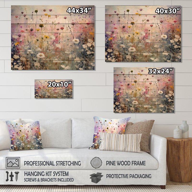 Wildflowers Wander Meadows - Art mural en bois sur bois de pin naturel, H 10 po x l 20 po