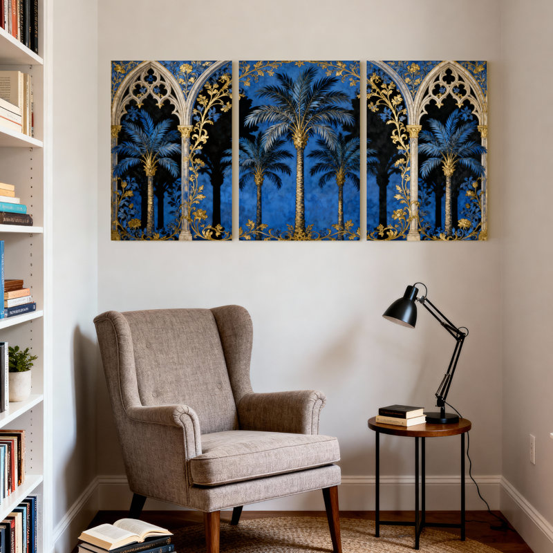 Plantes et fleurs, palmiers arches gothiques, ensemble de 3 impressions sur toile, H 18 po x l 12 po