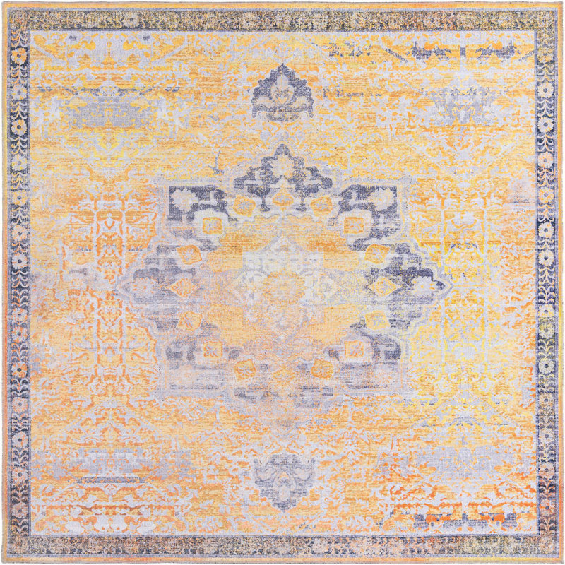 Tapis oriental bleu / jaune Hymel, Carré 7 pi 10 po x 7 pi 10 po