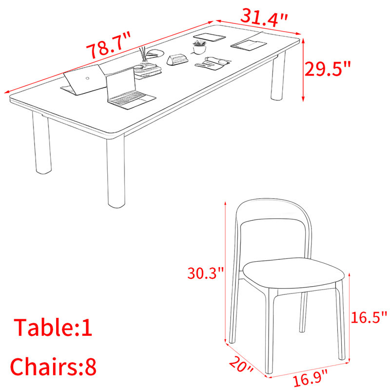 Modern simple rectangular solid wood table set, Natural, 29.5"H x 78.7"L x 31.4"W